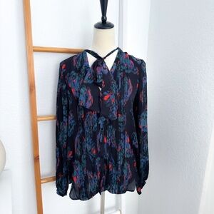 Marchesa Voyage Feather Silk Button Down Blouse Pleated Top Neck Tie